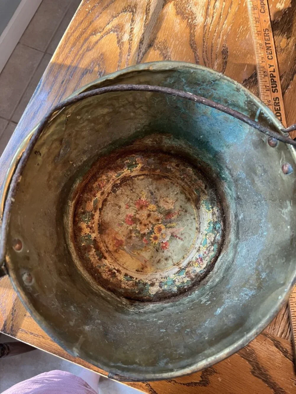 Antique Hammered Brass Bucket With Iron Handle Floral Interior Accent